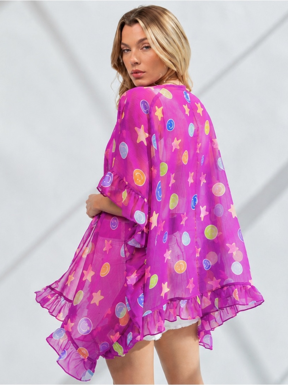 Easel Oh My Gauze Ruffle Trim Kimono Pink Purple Novelty Print Smiley Faces Star